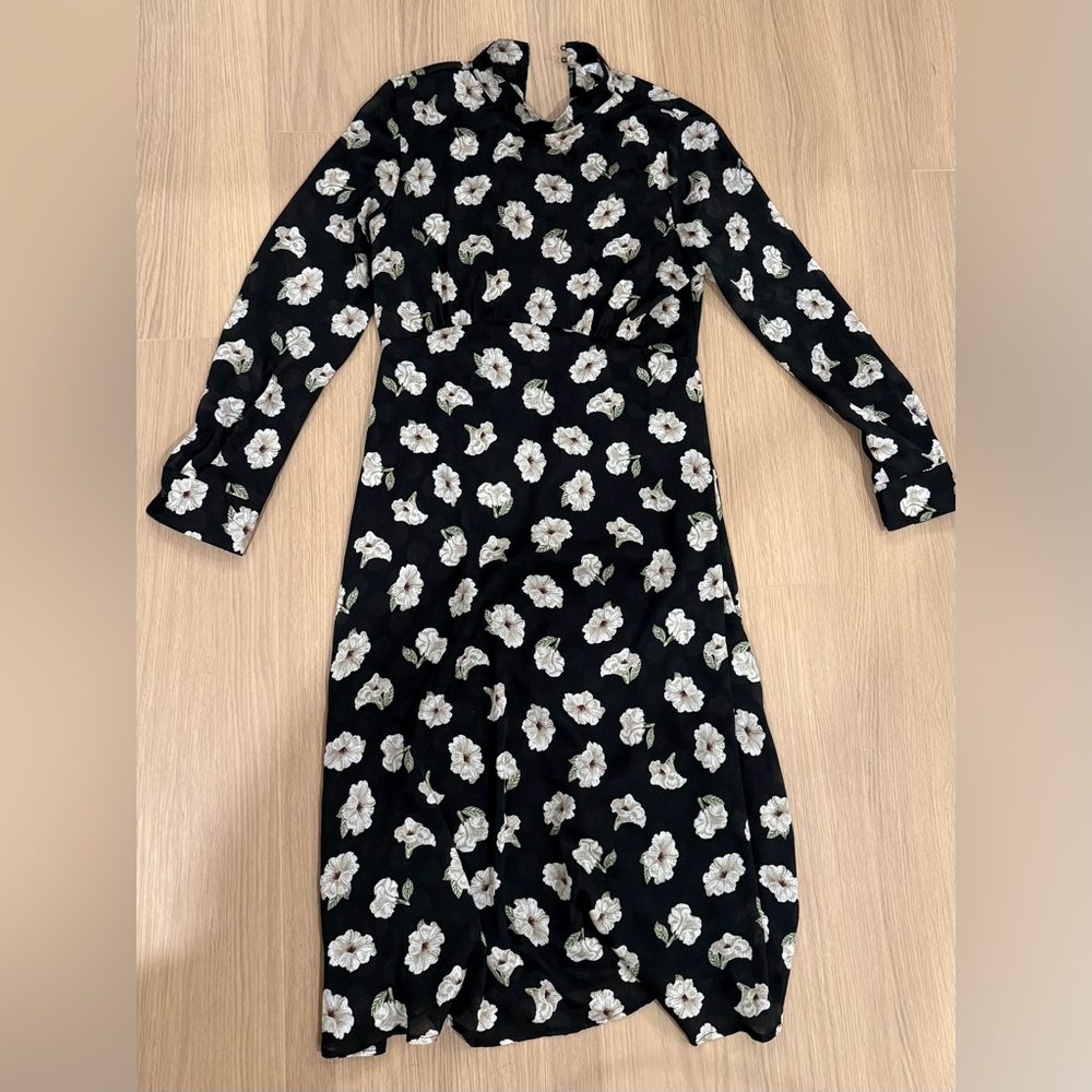 Zara Black Floral Long Sleeve Midi Dress